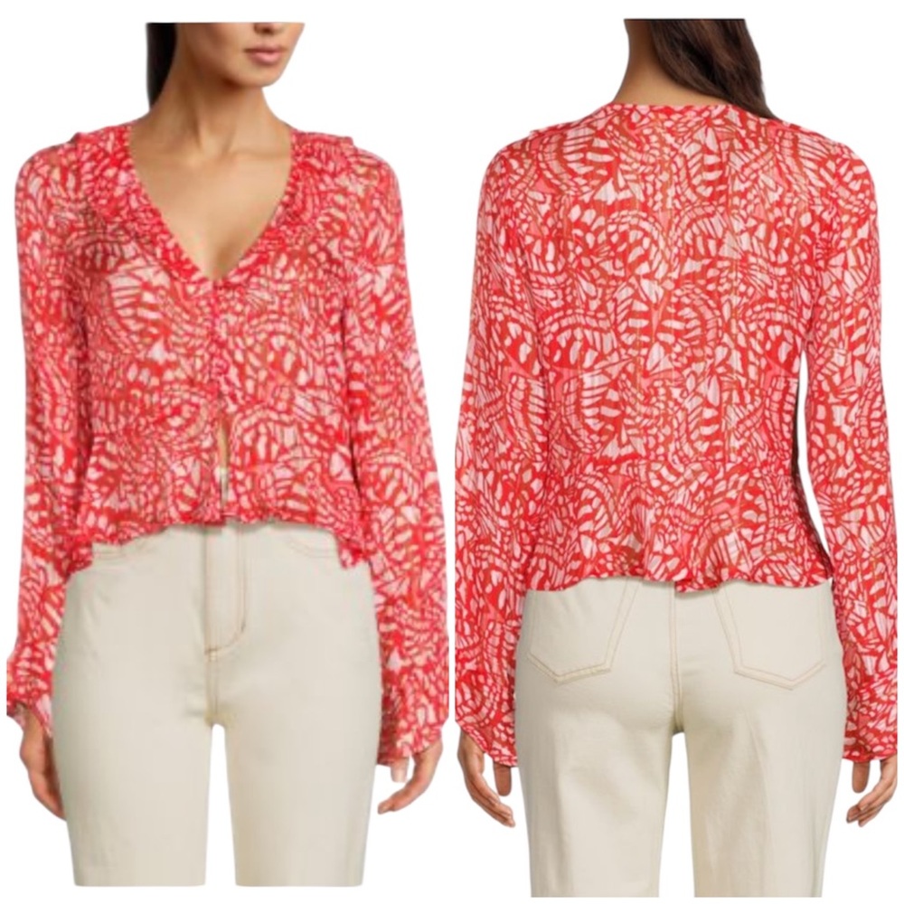 Ramy Brook Red White Alyson Ruffle Long Sleeve Crop Top Small